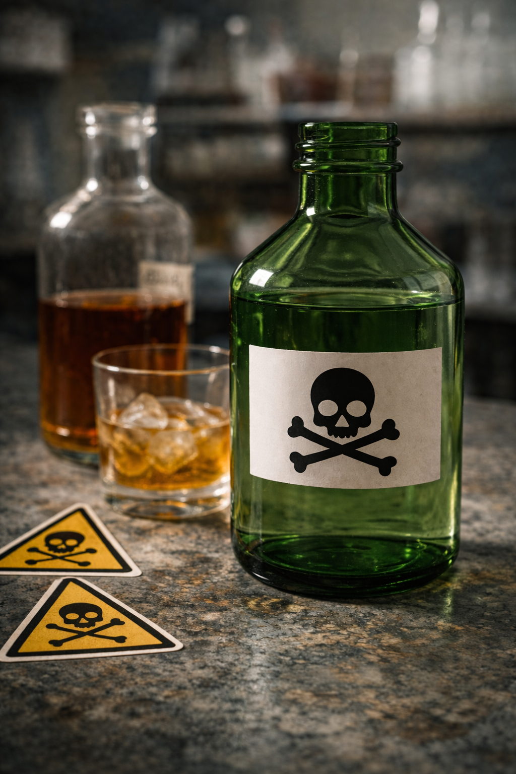 Três garrafas de vidro com uma central rotulada METANOL e pictogramas GHS de periculosidade, ilustrando o risco da adulteração de bebidas