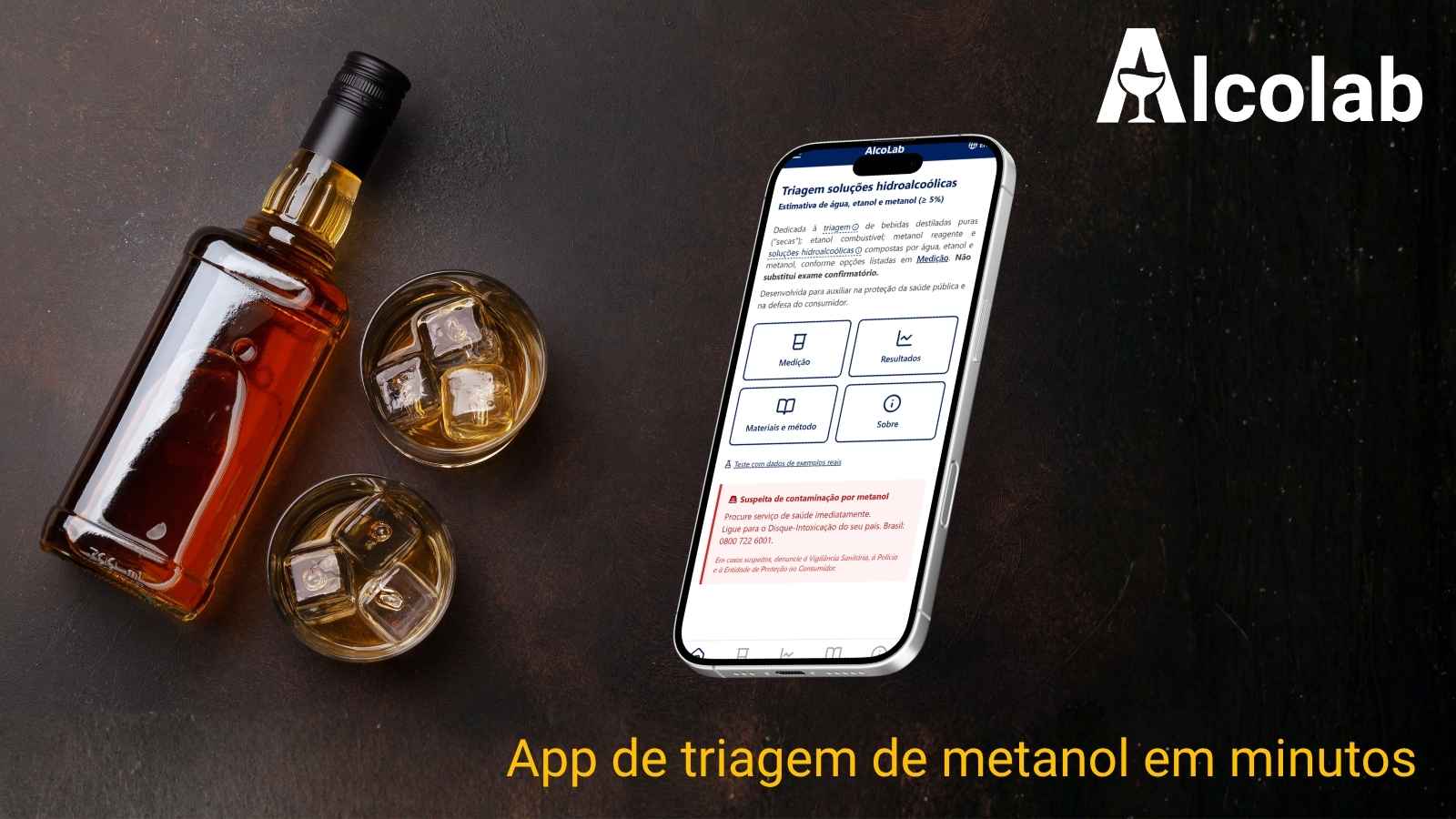 Diagrama científico mostrando como densidade e viscosidade relativas são usadas para detectar metanol em bebidas