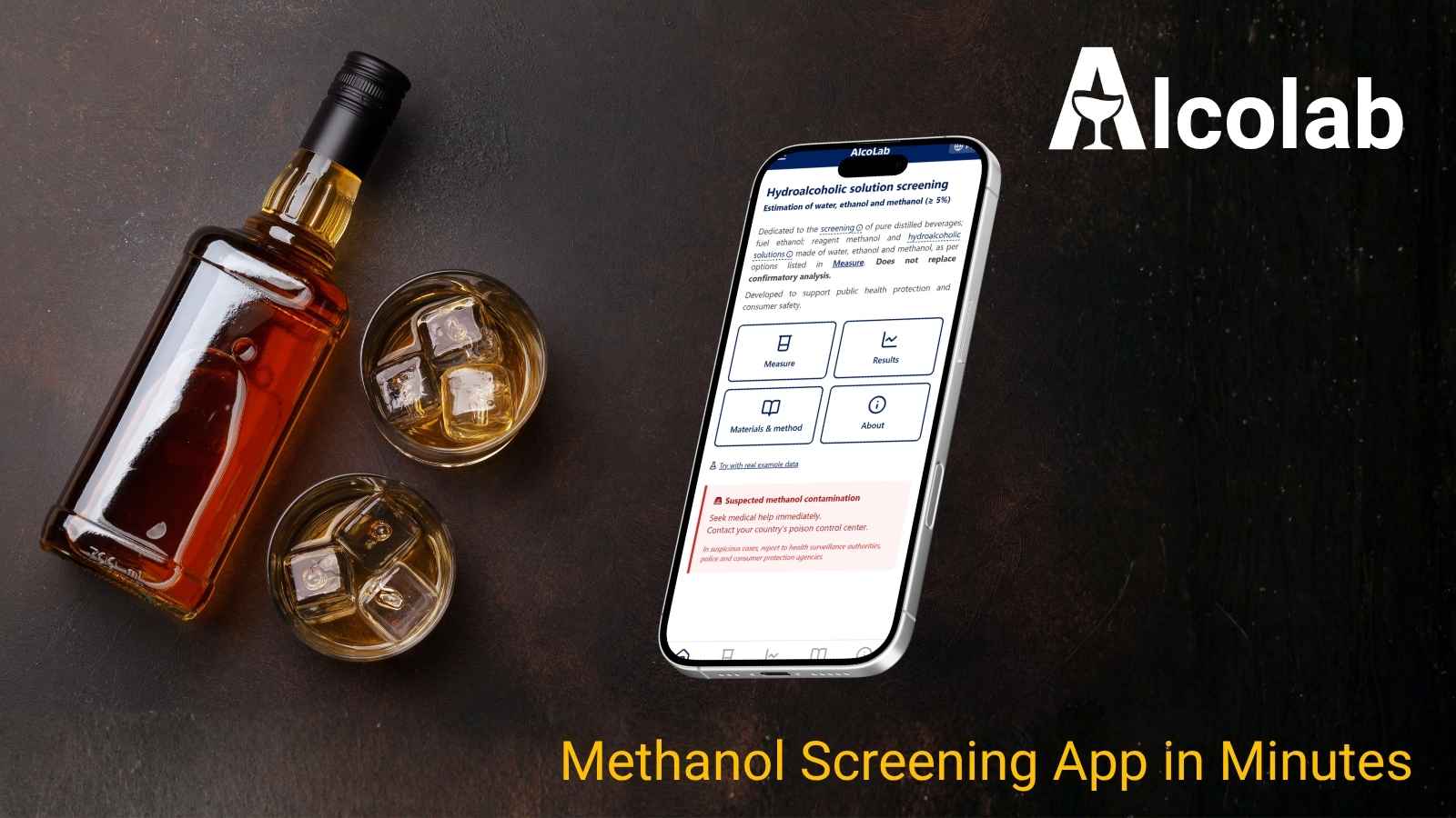 Distilled beverage and smartphone with the AlcoLab app that assists in methanol detection