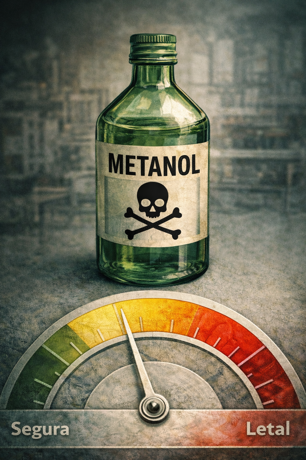 Três garrafas de vidro com uma central rotulada METANOL e pictogramas GHS de periculosidade, ilustrando o risco da adulteração de bebidas