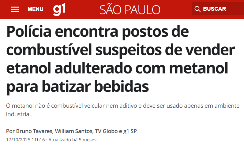 notícia do G1 sobre a localização de postos de combustível que adulteravam etanol com metanol e que foi utilizado na falsificação de bebidas